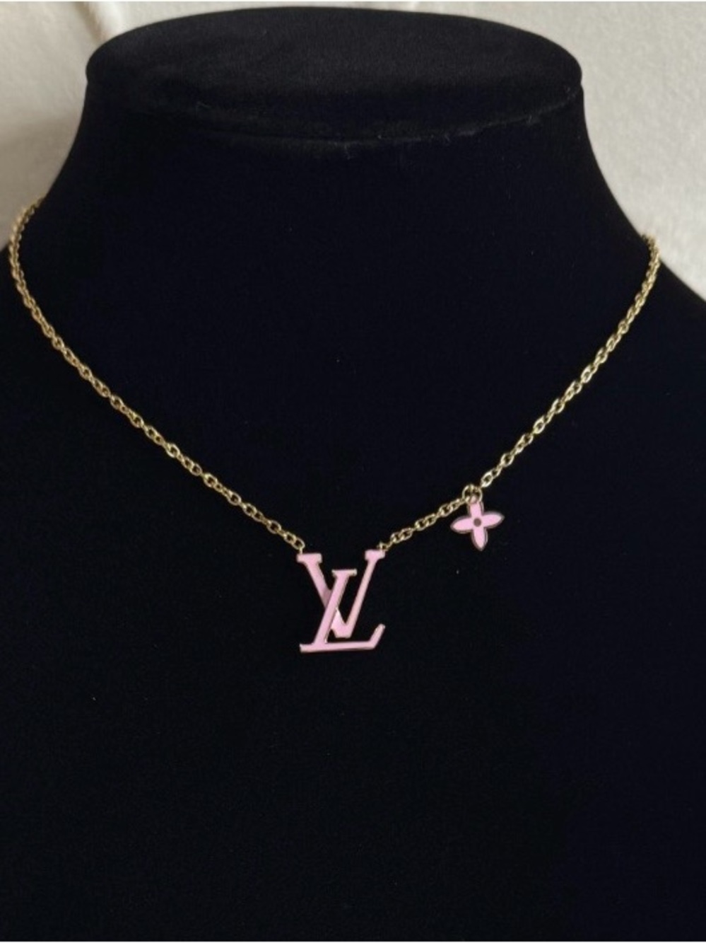 LV Gold Tone Necklace with Pink Enamel LV & Monogram Flower